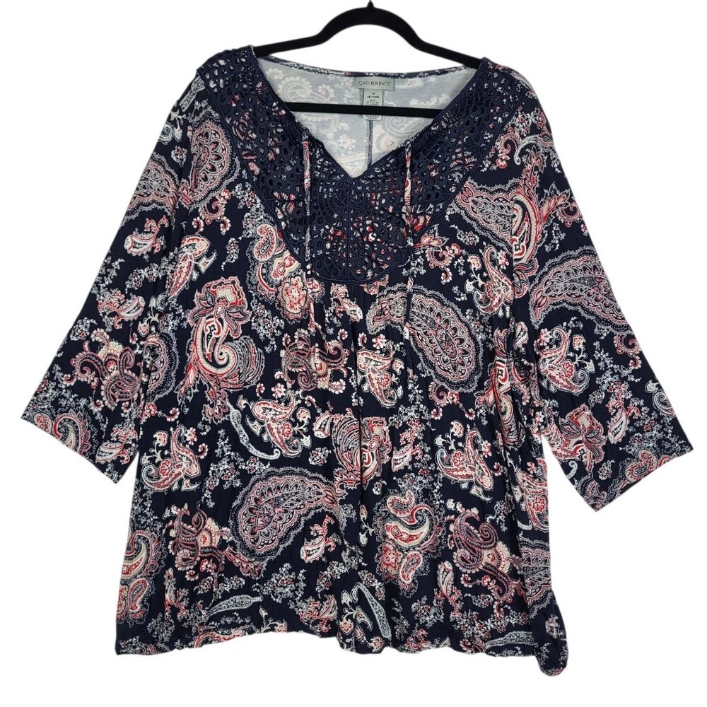Catherine's Crochet Blouse Top Women's 1X Blue Floral Tasseled Comfort Boho